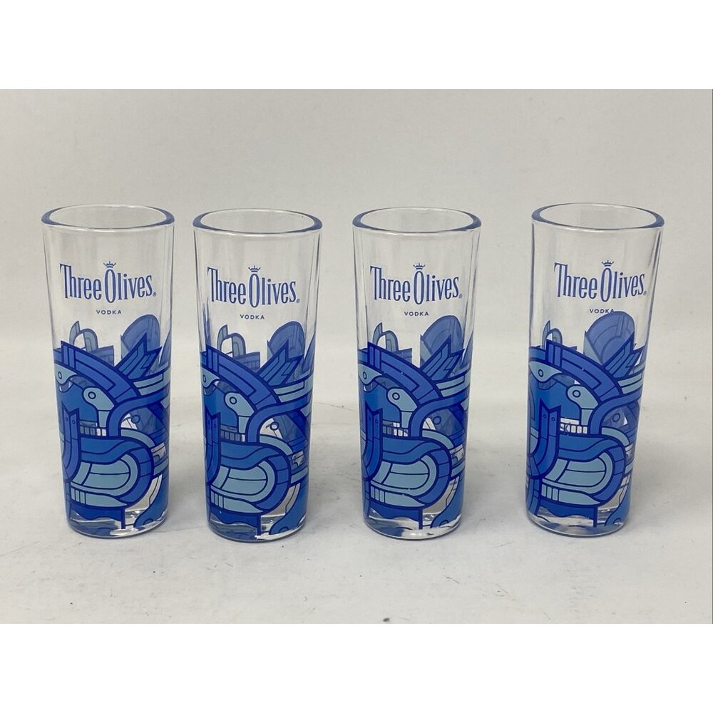 Set of 4 Three Olives Vodka Shooter Shot Glasses Blue Geometric MCM Style